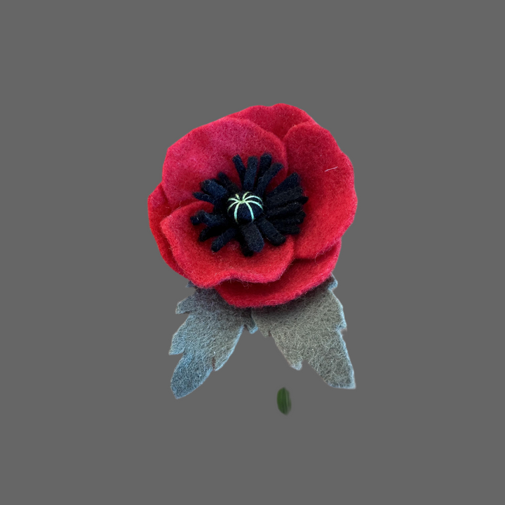 Remembrance Day Poppy with leaves and pin