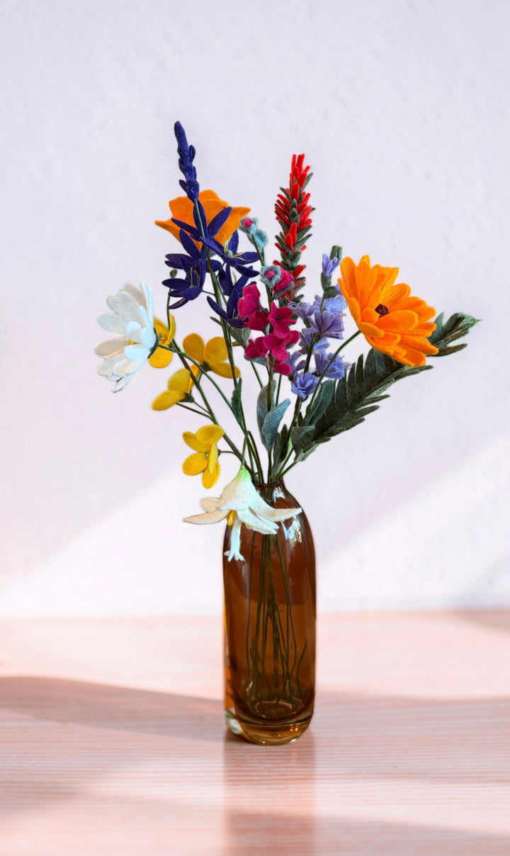 Hand-cut Merino wool felt Salt Spring Island floral art with California poppy, daisy, camas, and Indian paintbrush