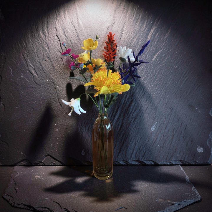 Mothers Day Arrangement of Saltspring Flowers in a Green Crystal Vase