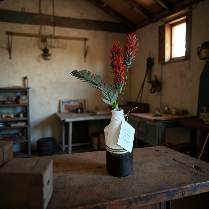 Indian Paintbrush with leaves in a brown and white vase