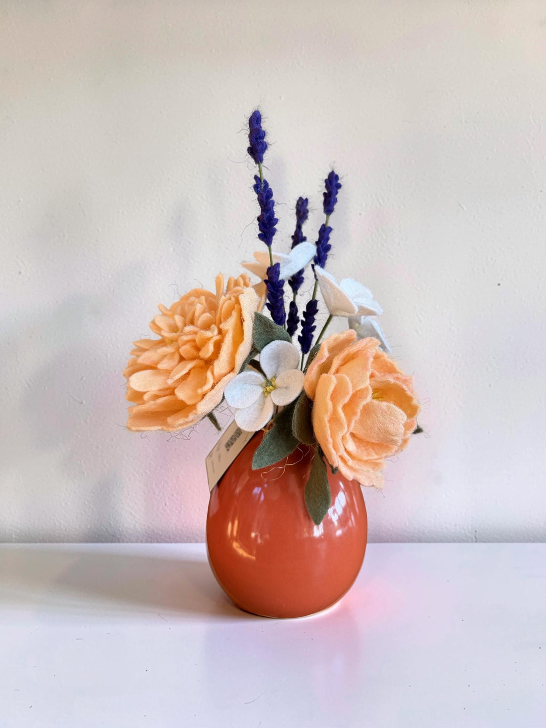Lavender and Peonies in ceramic orange vase