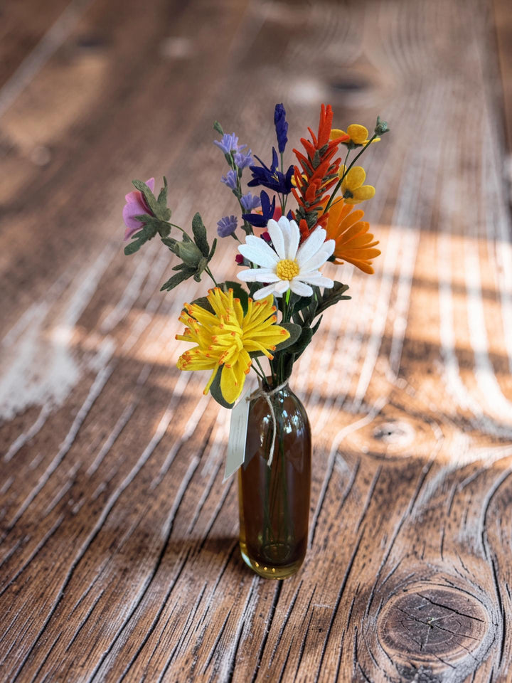 Hand-felted Saltspring Island wildflower arrangement in a green vase
