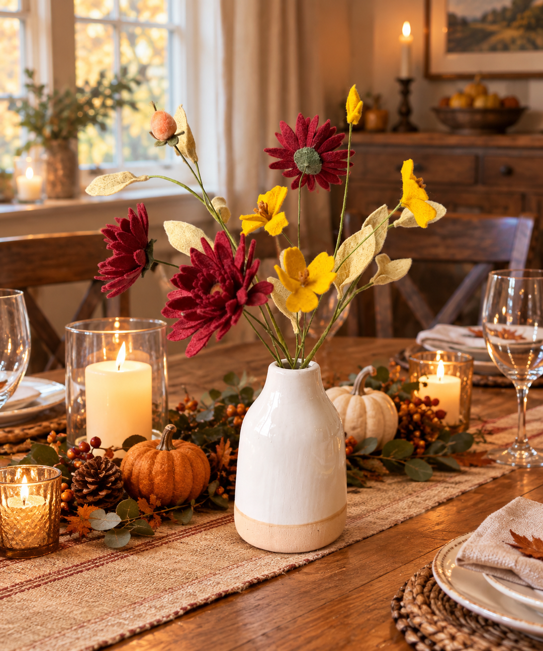 Hand-cut Merino wool felt autumn bouquet with burgundy mums and golden wildflowers in a ceramic vase