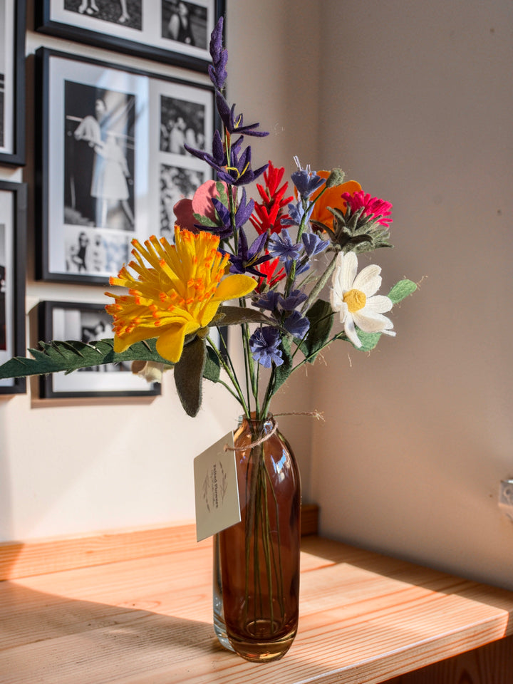 Hand-cut Merino wool felt fall Saltspring wildflower bouquet, close-up view
