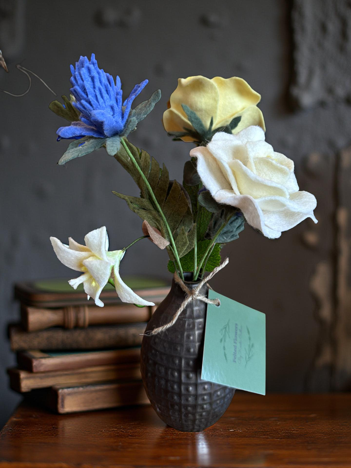 Bouquet of Yellow and Blue Roses with Lily, Cornflower and Saltspring Thistle