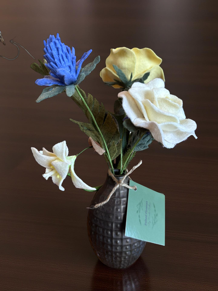 Bouquet of Yellow and Blue Roses with Lily, Cornflower and Saltspring Thistle